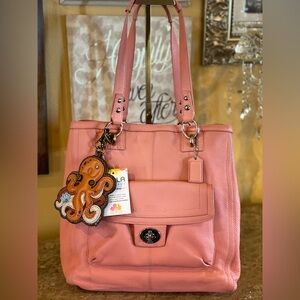 COACH Penelope Coral Pebbled Leather Double Shoulder Strap Bag AND Bag Charm SET